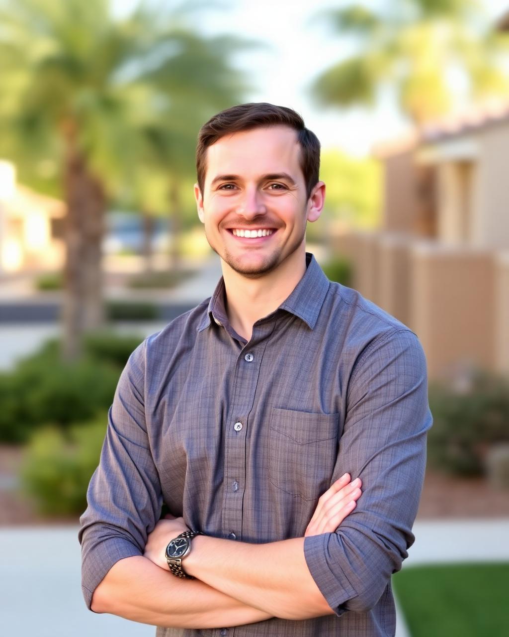 A local home buyer from Sell Smarter Homes AZ standing in an Arizona neighborhood